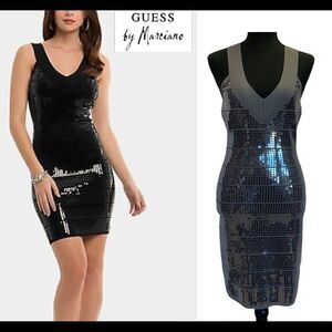 Marciano gray sparkly sequen sleeveless V-neck stretchy bandage bodycon dress M